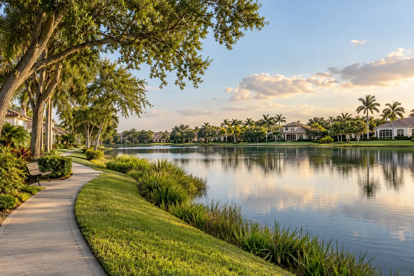AI-generated illustration of Weston, Florida with a residential lakeside path, mature trees and low-rise homes.