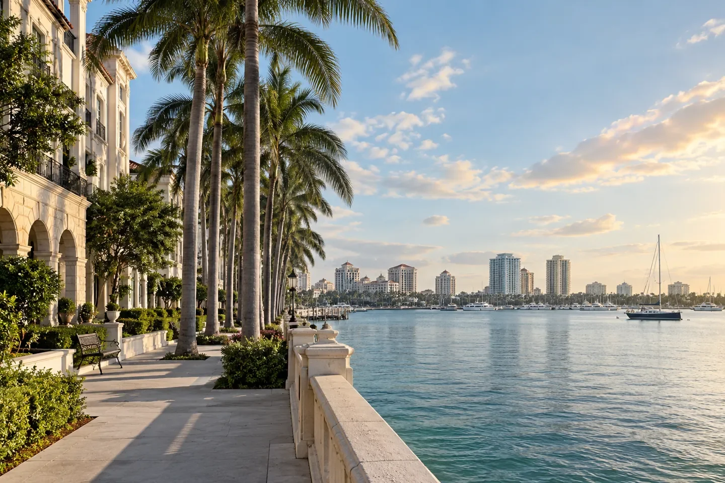 AI-generated illustration of West Palm Beach, Florida, with an Intracoastal waterfront promenade and palms.