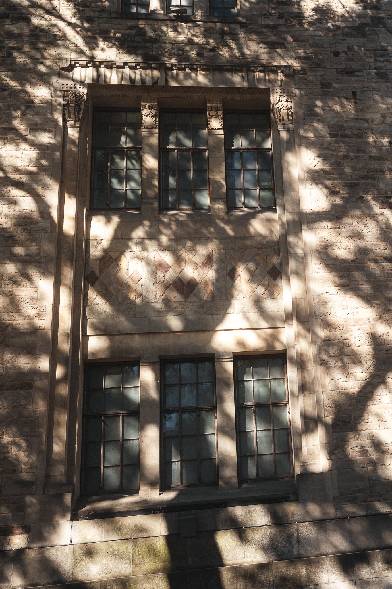 Facade of a stone building with five large, divided windows, shadows of tree branches falling across the wall.