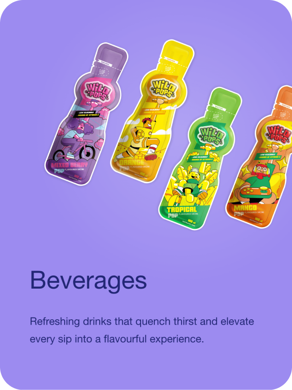 Four colorful beverage bottles with cartoon characters on a purple background, labeled as Wild Pops flavored drinks: Mixed Berry, Orange, Tropical, and Mango.