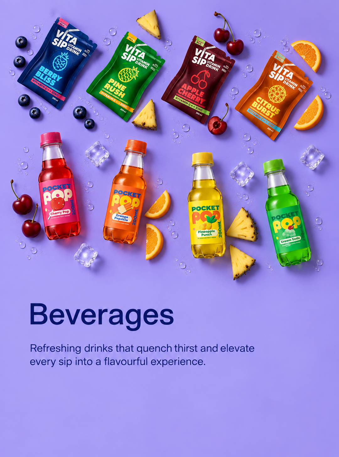 Four colorful beverage bottles with cartoon characters on a purple background, labeled as Wild Pops flavored drinks: Mixed Berry, Orange, Tropical, and Mango.