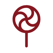 Illustration of a red and black swirl lollipop on a stick.