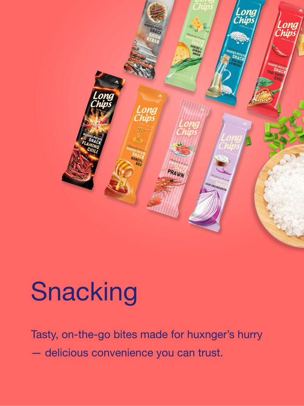 Various flavors of long potato chip snack packages laid out on a pink background next to a bowl of rice and some chopped green onions. The flavors include flaming chili, honey BBQ, prawn, sour cream onion, and chili.