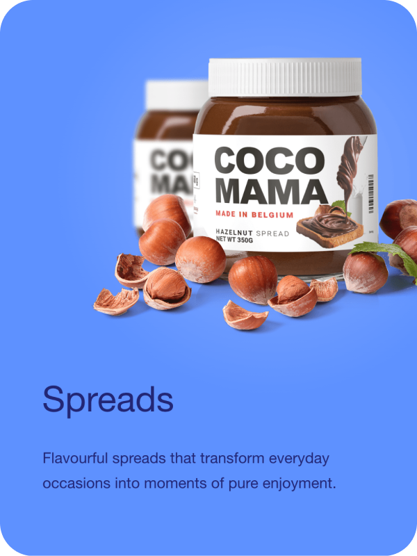 Two jars of Cocomama hazelnut spread with hazelnuts scattered around on a blue background, promotional image for spread, with printed description.