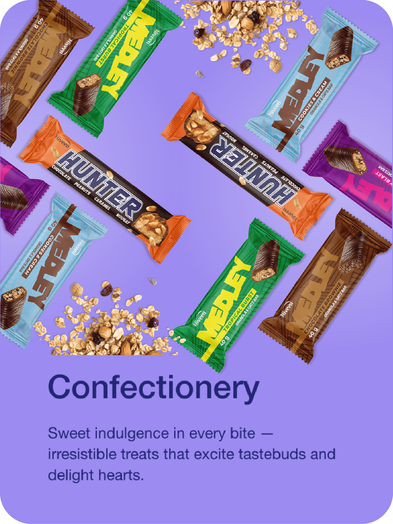 An advertisement featuring various MELEY granola & oats bar flavors, including Tropical Burst, Chocolate Brownie, Cookies & Cream, and Berry Blast, alongside scattered oats and dried berries on a light teal background.