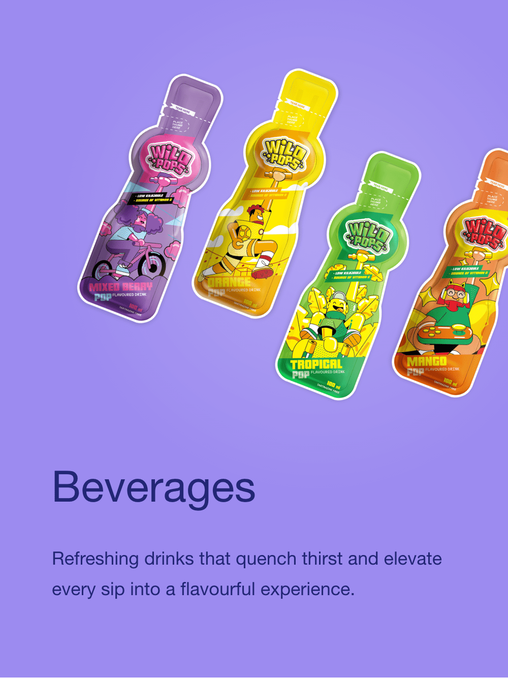 Four colorful beverage bottles with cartoon characters on a purple background, labeled as Wild Pops flavored drinks: Mixed Berry, Orange, Tropical, and Mango.