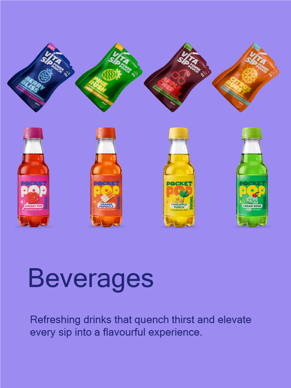 Four colorful beverage bottles with cartoon characters on a purple background, labeled as Wild Pops flavored drinks: Mixed Berry, Orange, Tropical, and Mango.
