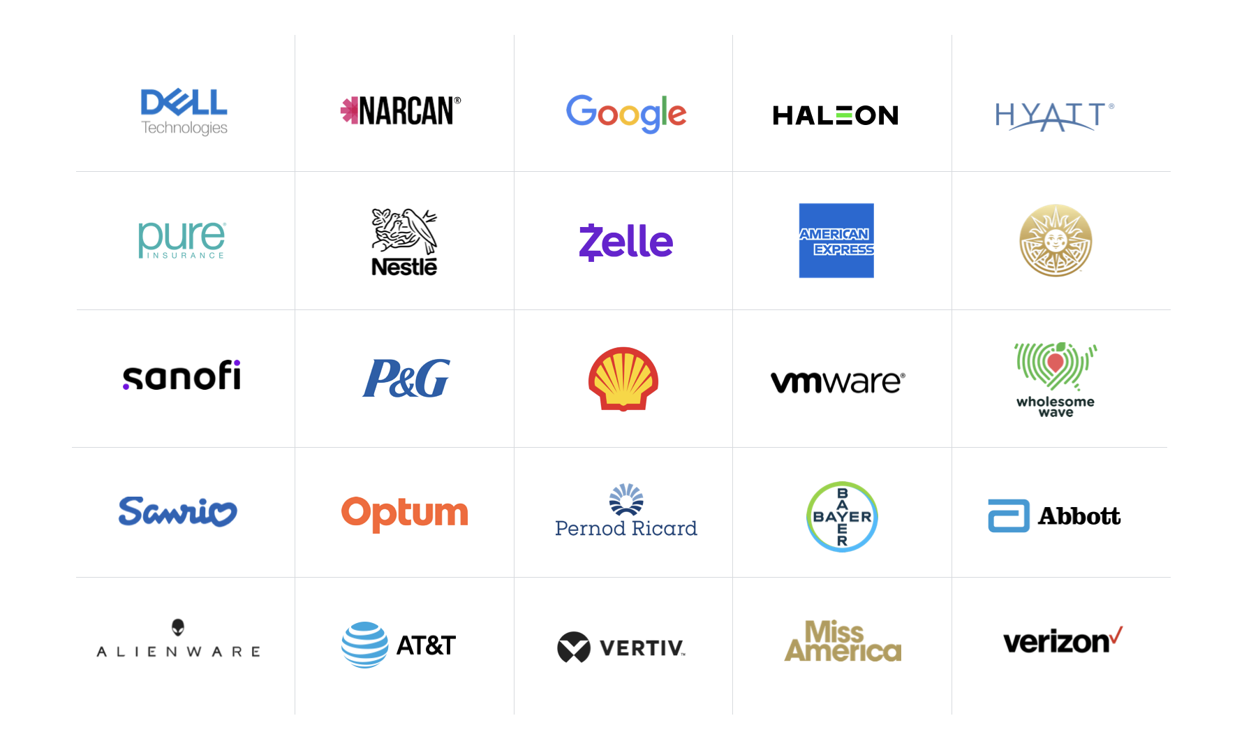 A logo grid of WOMB past clients, including Dell Technologies, Narcan, Google, Halon, Hyatt, Pure Insurance, Nestlé, Zelle, Amex, a golden sun icon, Sanofi, P&G, Shell, VMware, Wholesome Wave, Alienware, AT&T, Vertiv, Miss America, and Verizon.
