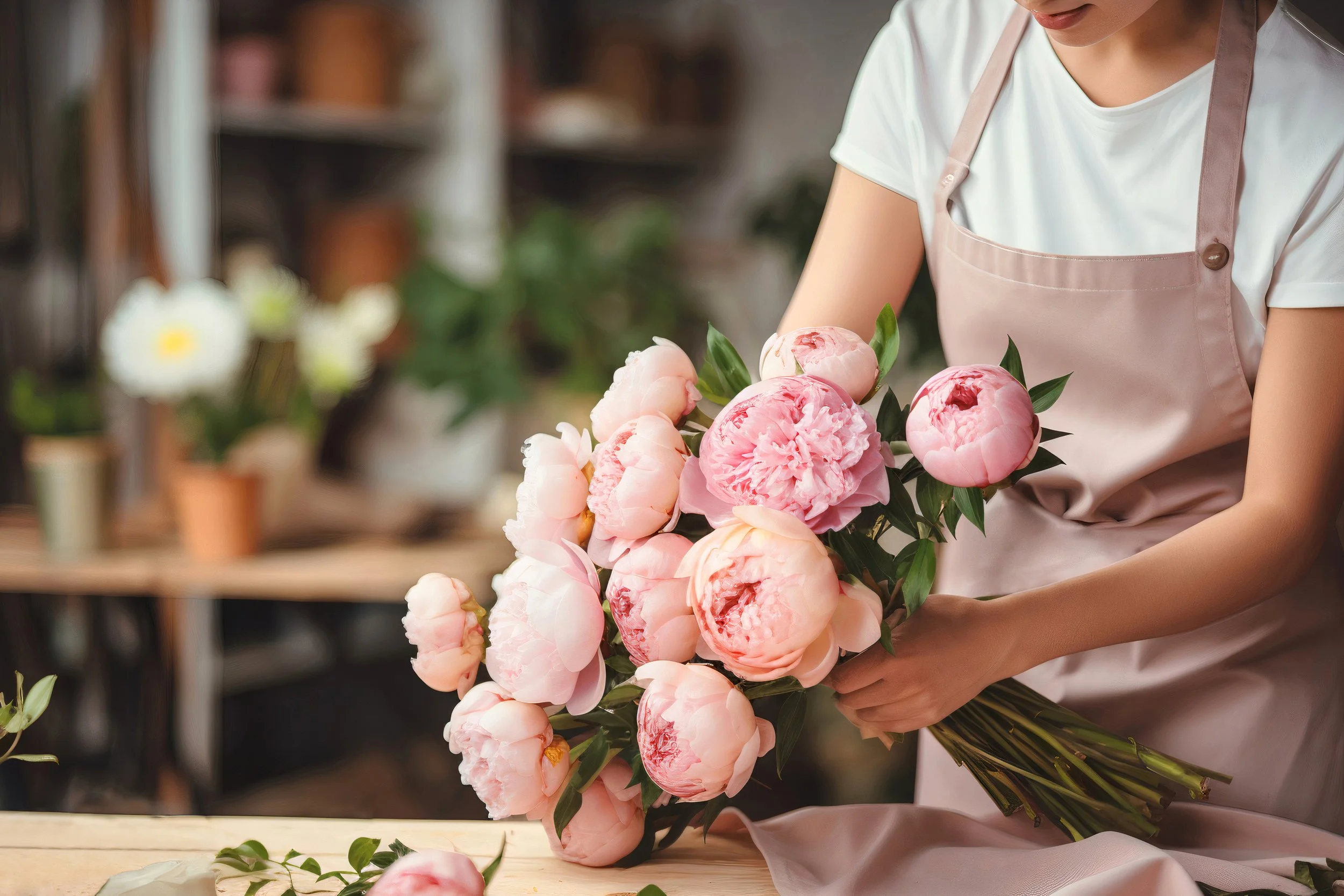 Person in a white shirt and pink apron arranging a bouquet of pink peony flowers in a florist shop.