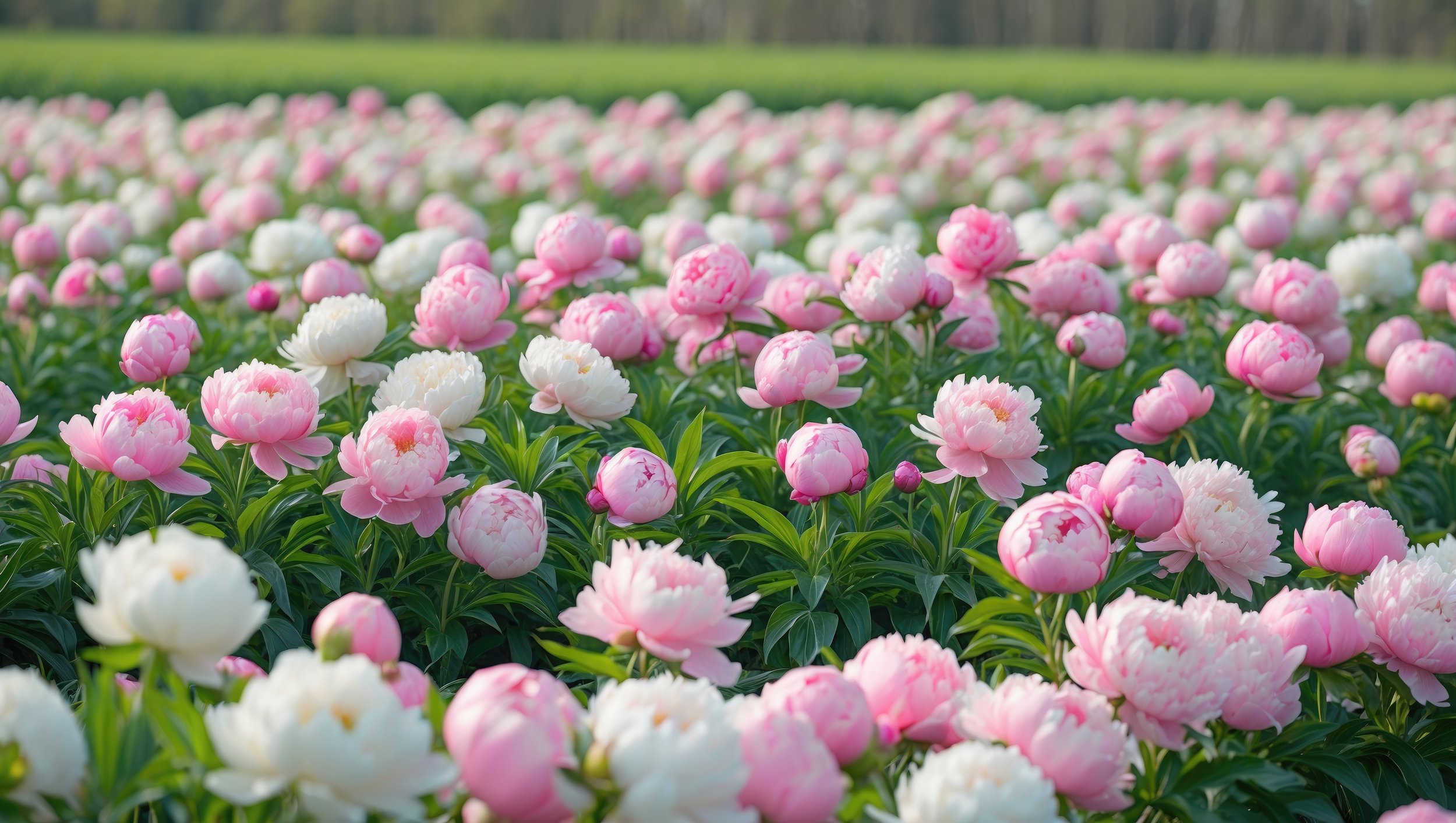 A field of pink and white peonies in full bloom with green leaves and a distant background of trees and grass.