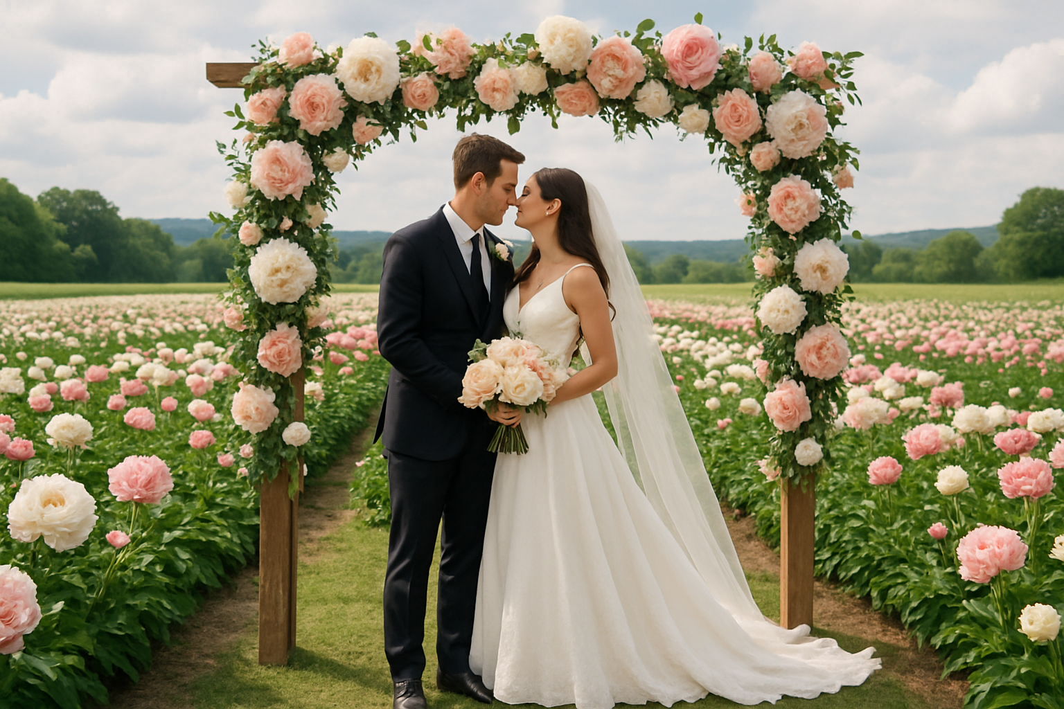 A bride and groom stand facing each other under a floral wedding arch, sharing a moment in a flower field with rows of pink and white flowers, green trees, and cloudy sky in the background.