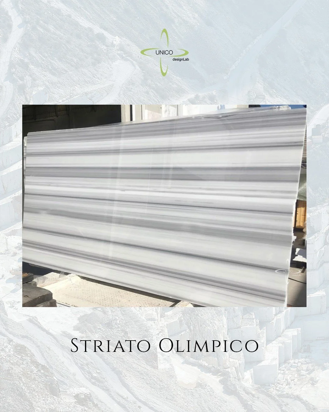This week’s #SlabWednesday feature: Striato Olimpico. Distinguished by its precise, horizontal veining in tones of grey and charcoal, this marble exudes balance and refinement. Its linear movement creates a sense of architectural order—pe