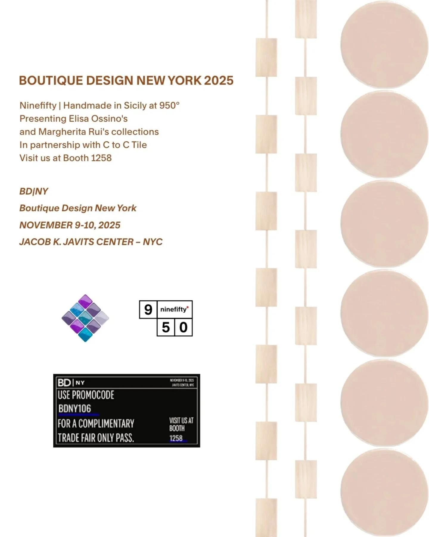 If you are at Boutique Design New York today be sure to stop by @950.ninefifty's booth and see their insanely beautiful Sicilian clay tiles. 
Booth 1258
Javits Center

Presenting @elisaossinostudio and @margherita_rui collections in partnership with 