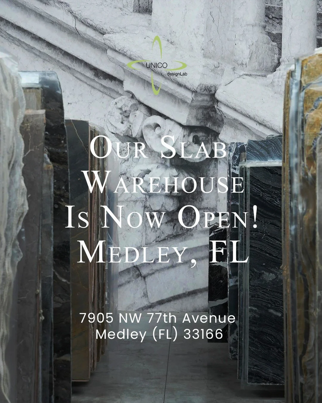 Now Open | Medley, Florida
Our new slab warehouse is officially open! Explore an extraordinary selection of natural stones&mdash;marble, travertine, granite, and quartzite&mdash;available to view and reserve in person.

Browse the full inventory onli