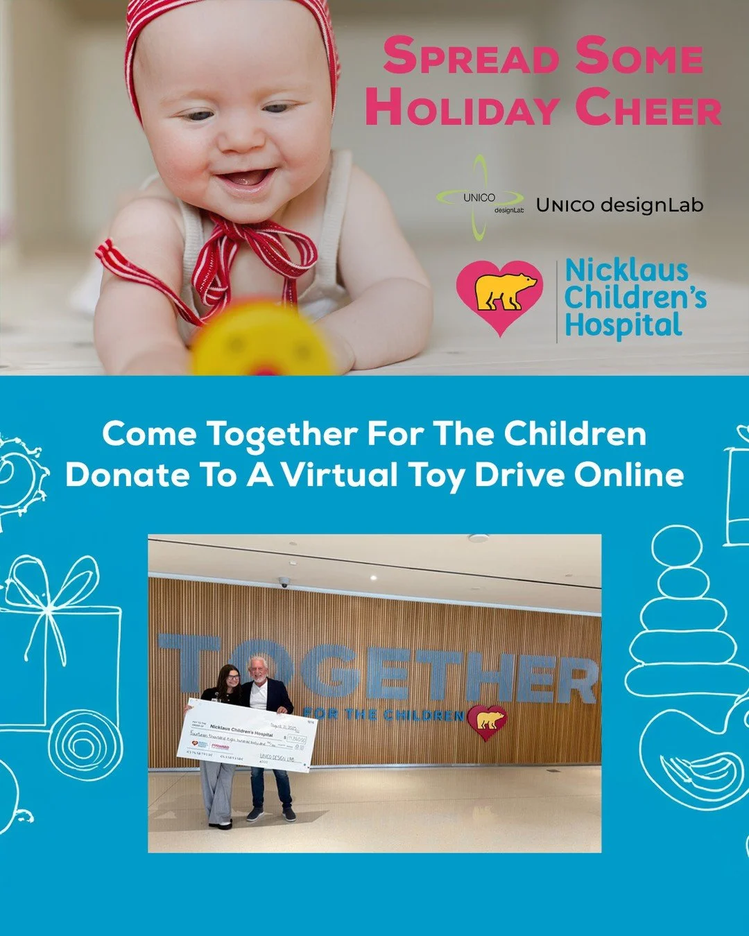 No time to purchase toys to donate but want to help with a toy drive ?  Here is your chance! Donate to our virtual toy drive benefiting Nicklaus Children's Hospital.  Click the link and your donation goes directly to the children knowing you helped s