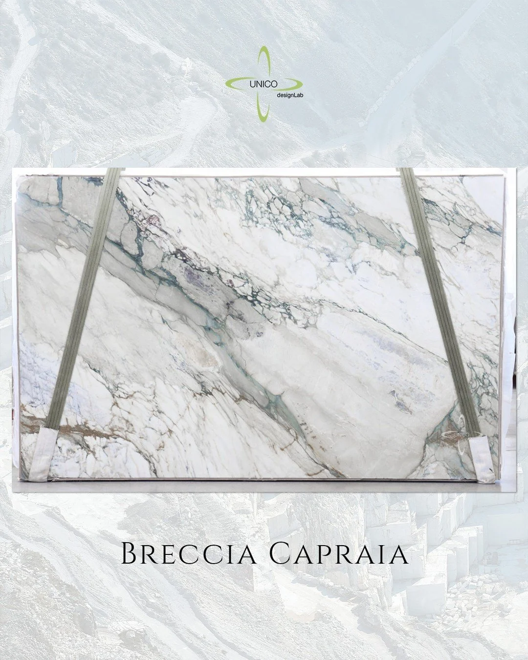 Featured Material | Breccia Capraia
13 slabs available &middot; Polished finish
126" &times; 78" &times; &frac34;"

A true Italian jewel, Breccia Capraia is celebrated for its striking blend of crisp white, soft grey, and deep emerald 