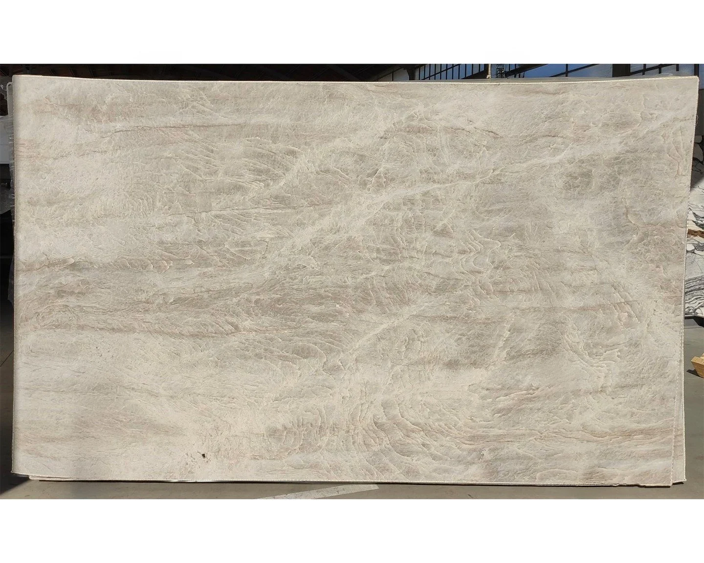 Taj Perla Santana quartzite. Honed to a soft, tactile finish, this slab reveals an elegant interplay of ivory and warm gold tones, layered with delicate, feathered veining that moves gently across the surface.

Refined yet inviting, it offers the qui
