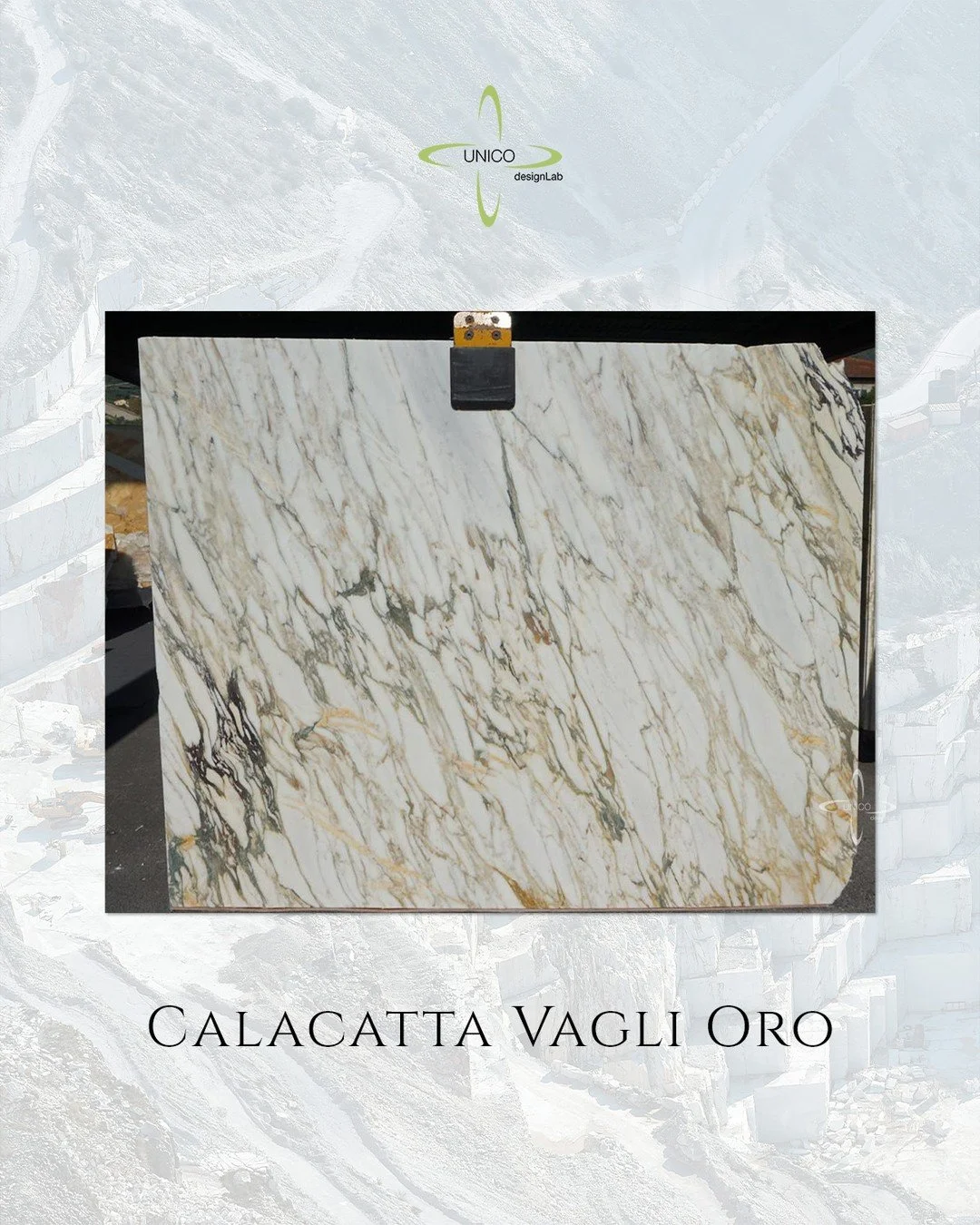 Calacatta Vagli Oro. A classic Carrara marble distinguished by a luminous white ground and bold veining in layered tones of gray, gold, and soft earth hues. Each slab offers its own composition&mdash;dramatic yet balanced&mdash;making it a compelling