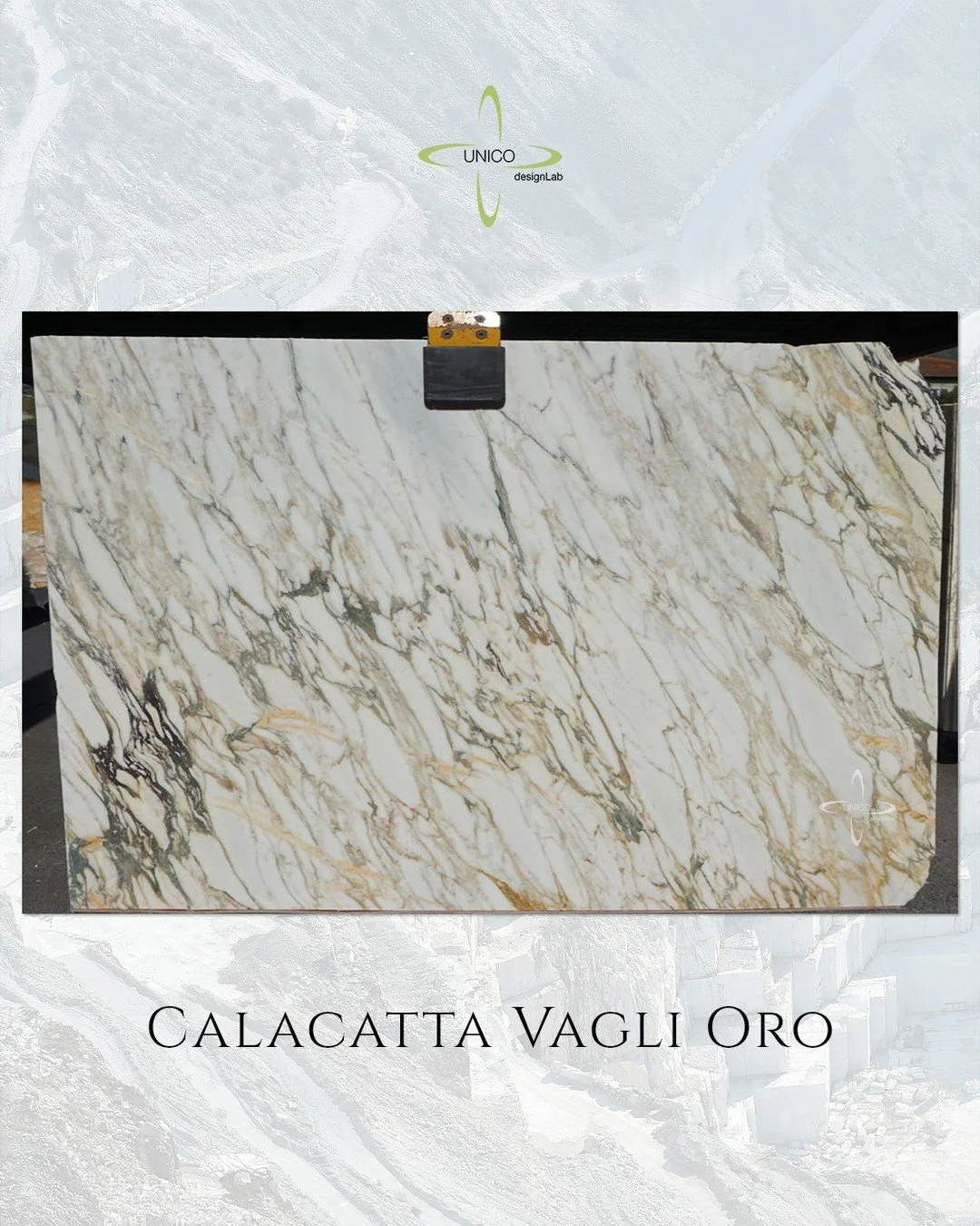 Calacatta Vagli Oro &mdash; quarried from the mountains of Tuscany, where centuries of geological artistry reveal themselves in every slab. A luminous white canvas threaded with deep grey movement and striking veins of warm gold, this brecciated marb
