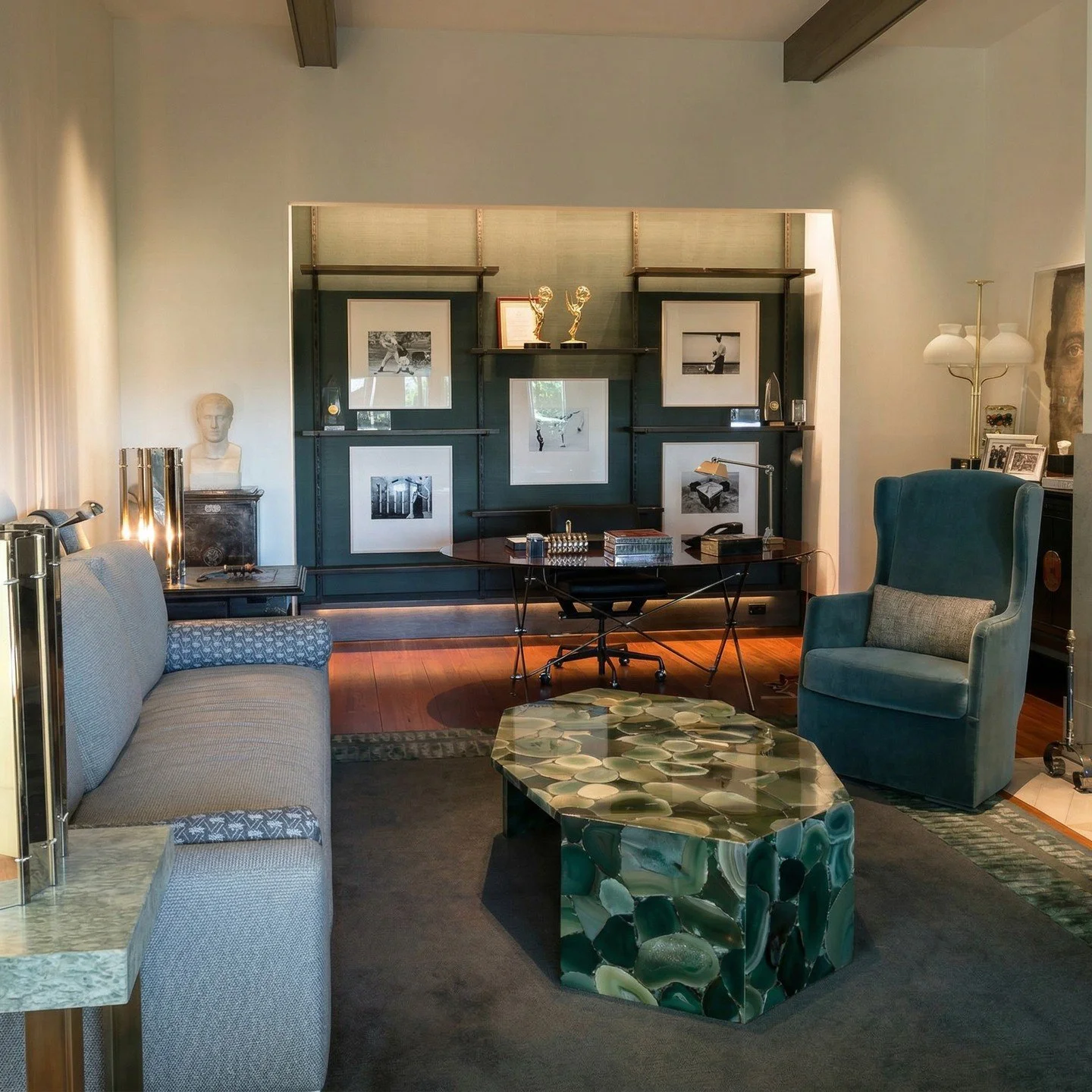 Not a coffee table. A conversation. Custom green agate, sourced and fabricated by UNICO for a Beverly Hills home office that refuses to be forgettable.