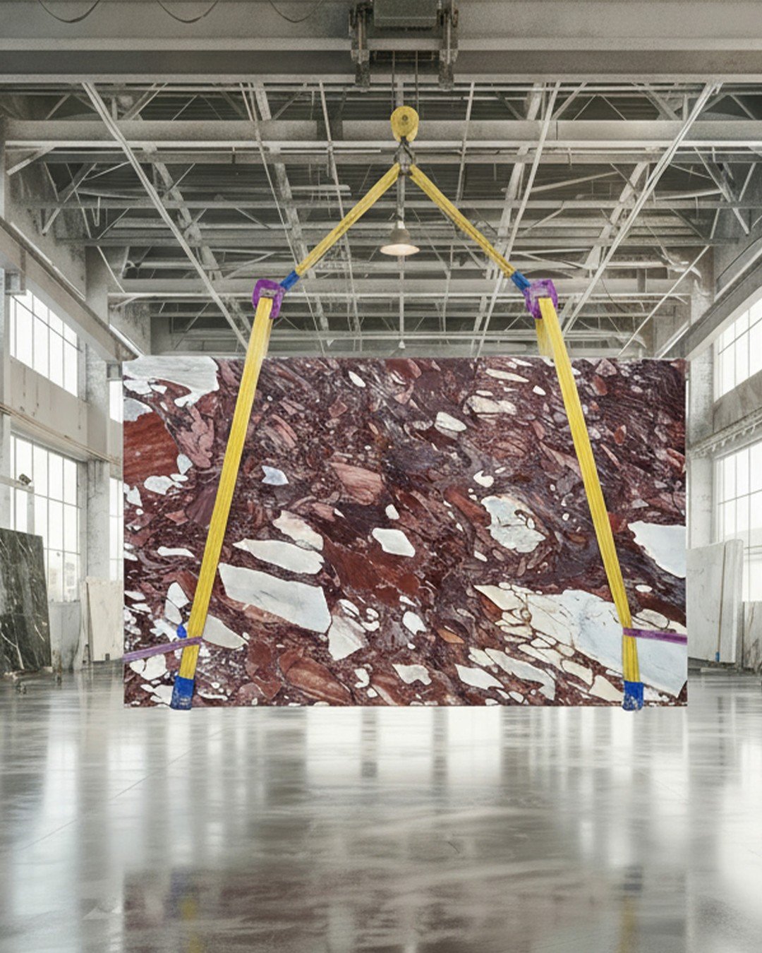 Breccia Viola. A masterclass in geological drama &mdash; rich violet and burgundy tones fractured with bold fragments of white, reassembled by nature over millennia into something entirely unrepeatable.
Breccia marbles are among the most ancient and 