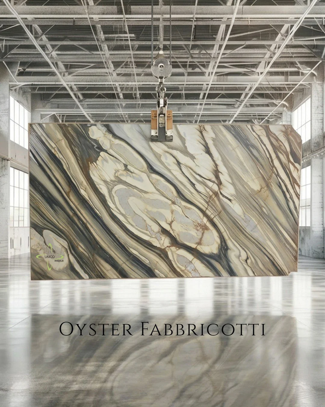 Nature spent millions of years making this. We just know where to find it.
Oyster Fabbricotti &mdash; quarried in Italy, and every slab is a composition you couldn't design if you tried. Sweeping diagonal movement in cream and warm beige, bold charco