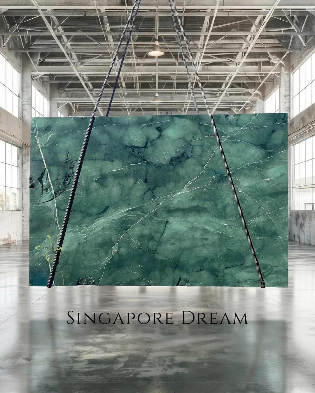 Singapore Dream.
There is no other way to describe a stone this particular shade of deep teal &mdash; the color of a tropical sea at a depth where the light still reaches but the surface is already far above you. White veining tears across the face l
