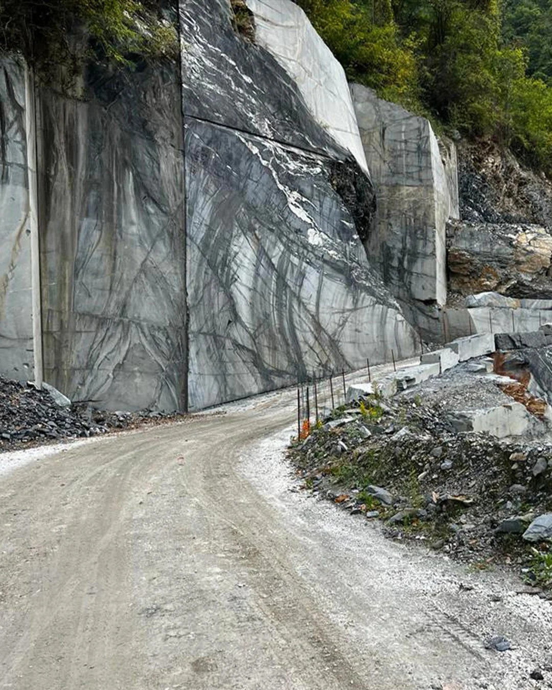 This is what it looks like before it's beautiful.

The veining you specify for a kitchen island or a bathroom wall &mdash; it starts here, embedded in a mountainside, waiting to be found. Most people will never stand at the bottom of a quarry face an