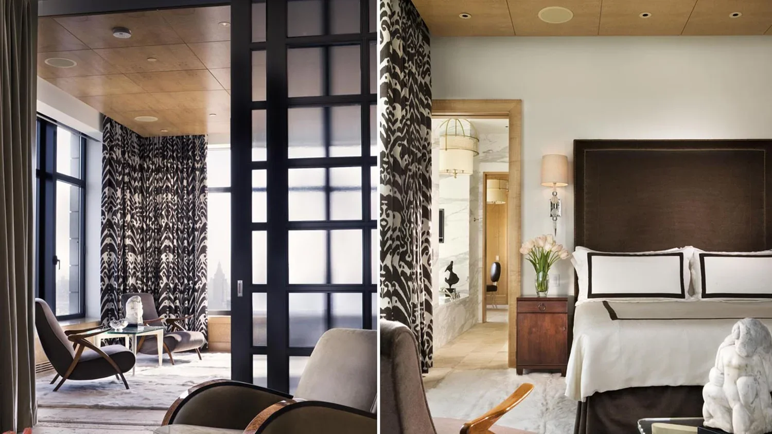 Comparison of two different hotel rooms separated by a black partition. The left room features a sitting area with modern chairs, large windows with patterned black and white curtains, and a view of a city skyline. The right room shows a bedroom with