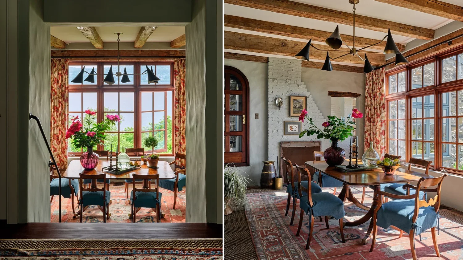 A side-by-side view of a cozy dining room with large windows, wooden beams on the ceiling, and floral curtains. The left side shows a view through a doorway into the room with a dining table, chairs with blue cushions, and a pink flower arrangement o