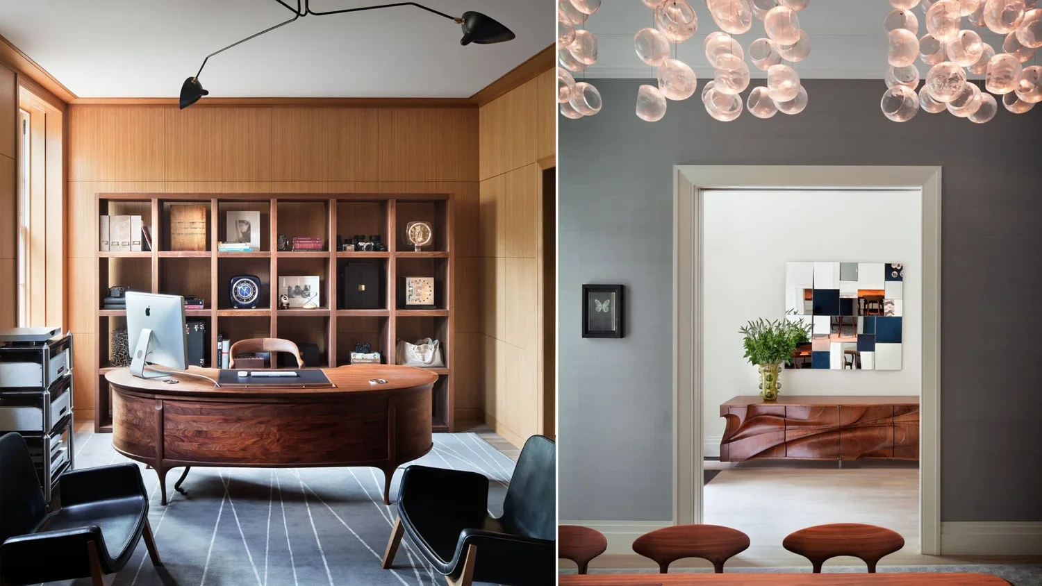 Split view of two interior rooms. The left room is an office with wood-paneled walls, a curved wooden desk, and black chairs, with a large bookshelf behind the desk filled with decor and books. The right room is a sitting area with a gray wall, a geo