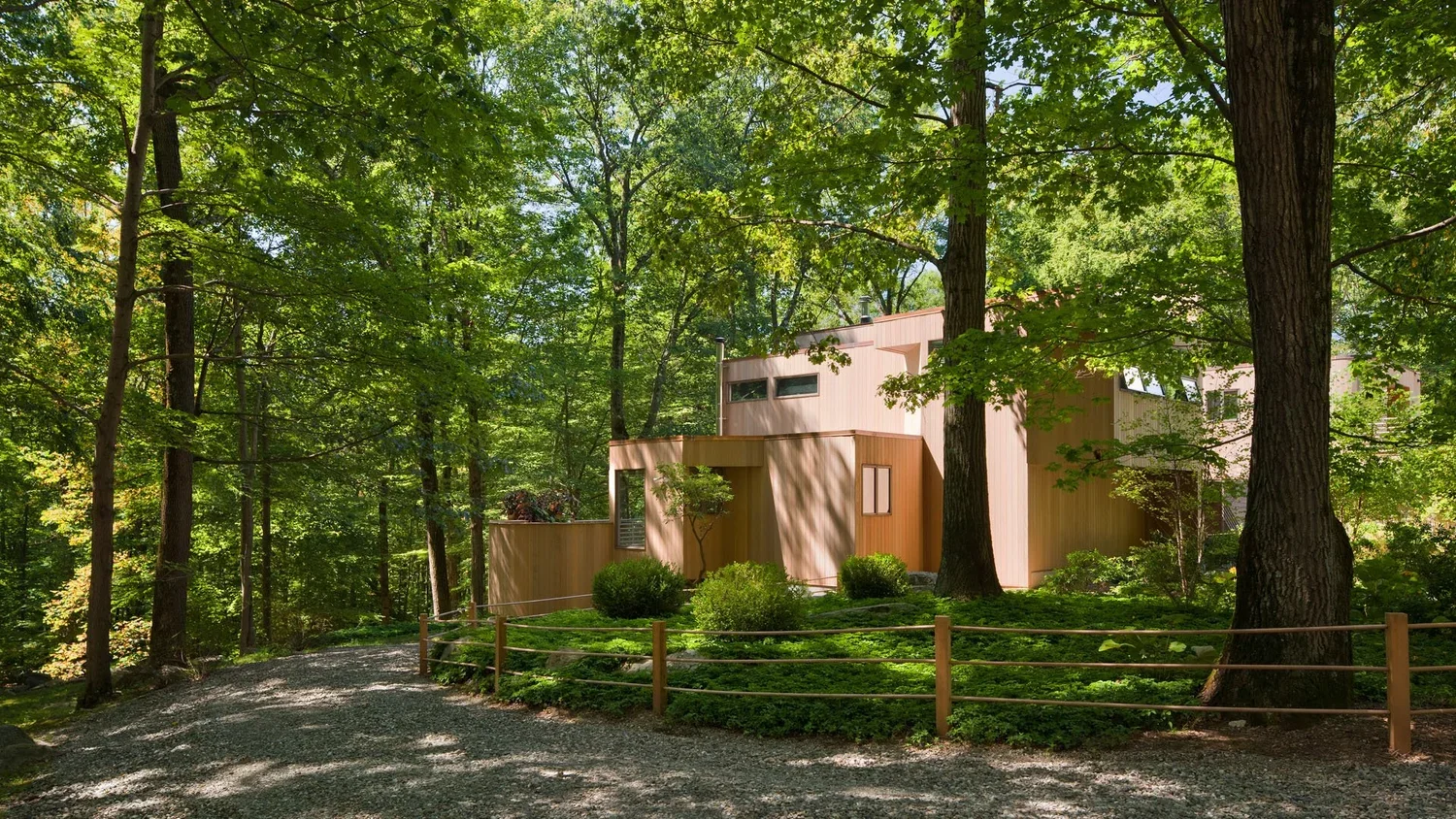 Modern house surrounded by trees and greenery in a wooded area with a gravel pathway in the foreground.