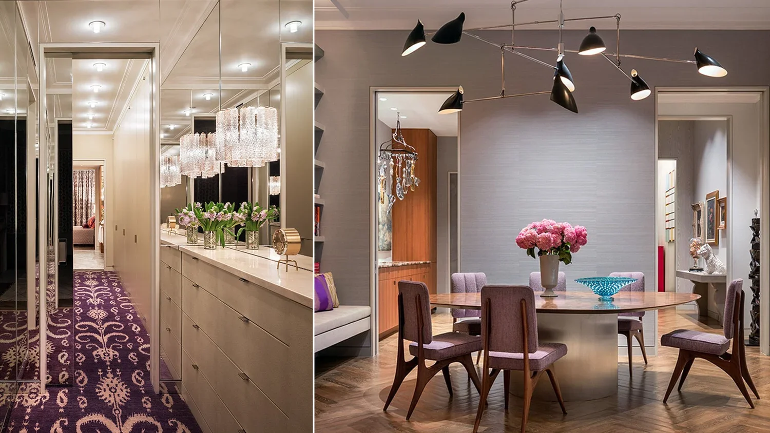 A split view of two interior home spaces. The left side shows a corridor with a purple patterned carpet, mirrored walls, ceiling lights, and a white hallway console with flower arrangements and decor. The right side displays a dining area with a roun