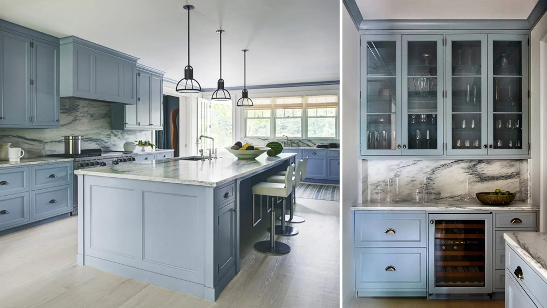Bright kitchen with light blue cabinets, white and gray marble countertops, and a marble backsplash. A central island with seating, pendant lighting, large windows, and double ovens.