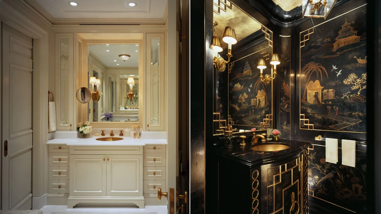 Side-by-side images of luxurious bathrooms, one with a white classic design and the other with an ornate black and gold Asian-inspired style.