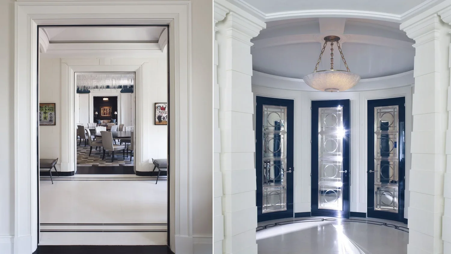 Comparison of a plain doorway leading to a dining room and an ornate curved entryway with a chandelier and glass-paneled doors.