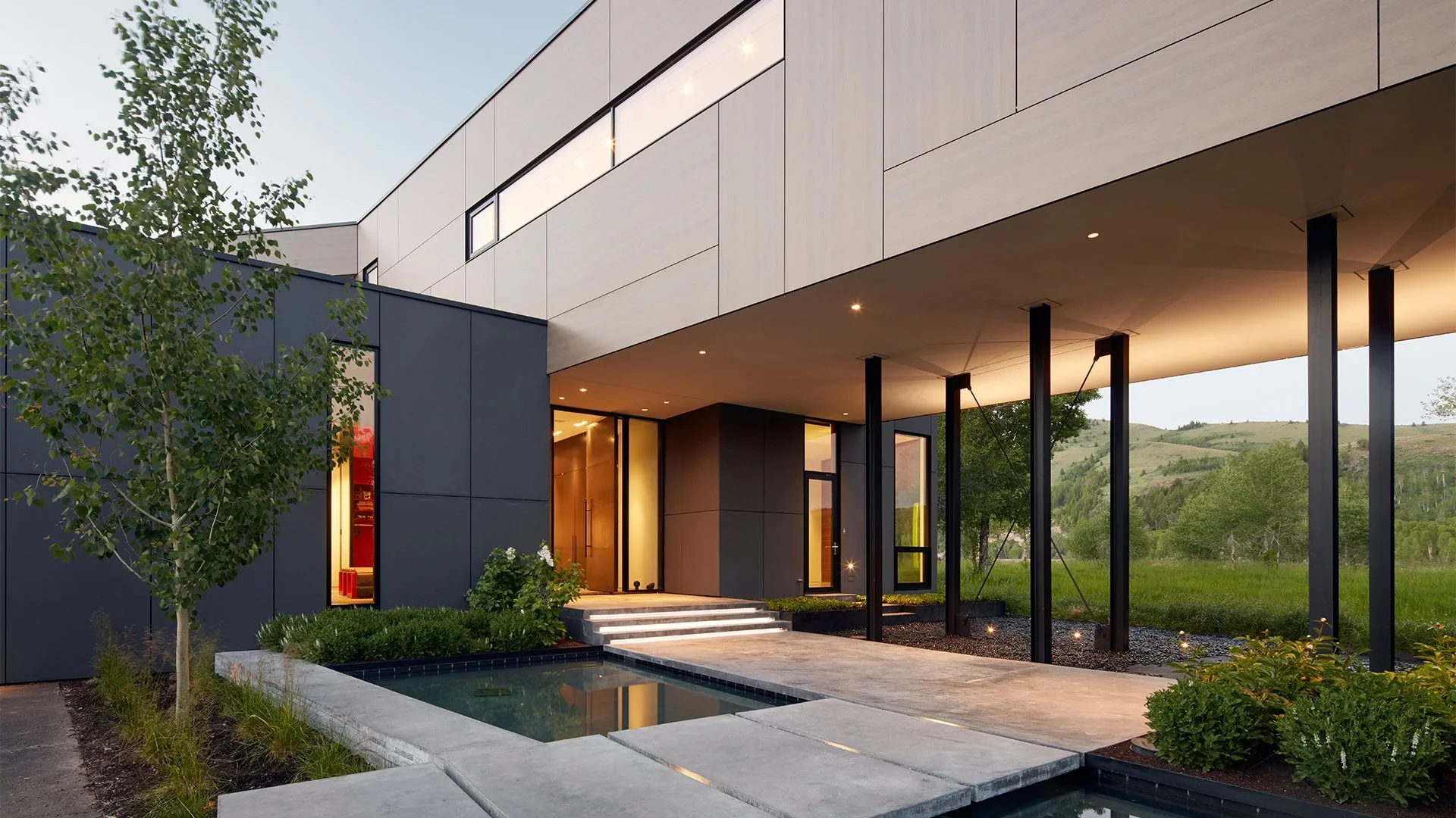 Modern house exterior with a small pool, steps leading to the entrance, large windows, and a landscaped yard with trees and shrubs.