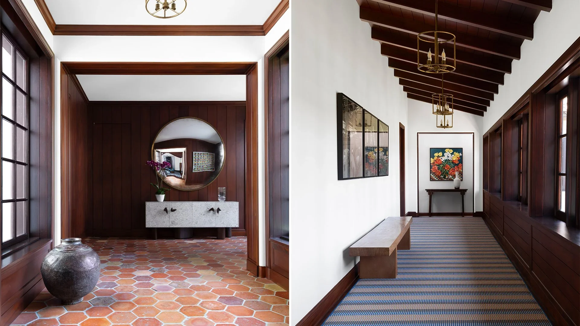 split image showing two interior hallways with dark wood paneling, one with hexagonal terracotta floor tiles, a round mirror, and a console table with a vase of flowers; the other with striped carpet, a bench, and framed artwork, with hanging chandel