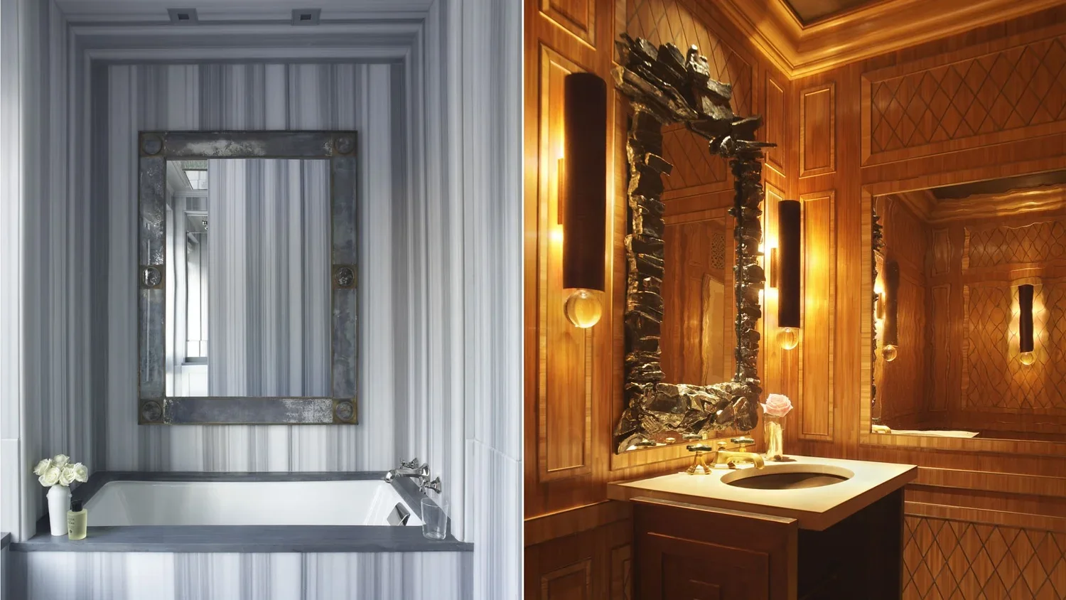 Comparison of two bathroom interiors: one with gray and white decor, the other with warm wood paneling and ornate mirror.