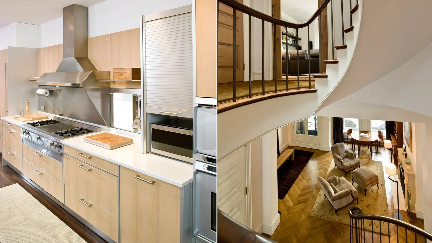 Split view of a modern kitchen on the left and a spiral staircase leading to a living room on the right.