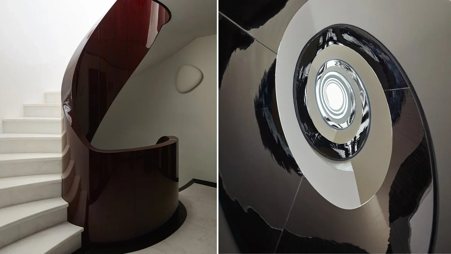 The left side shows a staircase with white steps and a spiral staircase with a shiny, dark brown handrail and wall. The right side shows a spiral staircase viewed from below, revealing concentric rings with a reflective metallic surface.