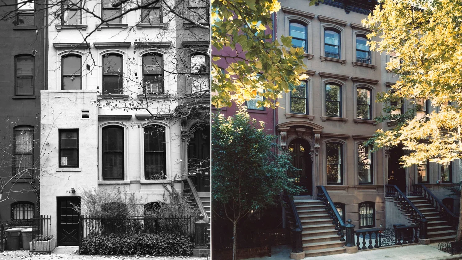 Comparison of two brownstone row houses, one in black and white with leafless trees and the other in color with green trees and foliage, showing the difference in appearance and season.