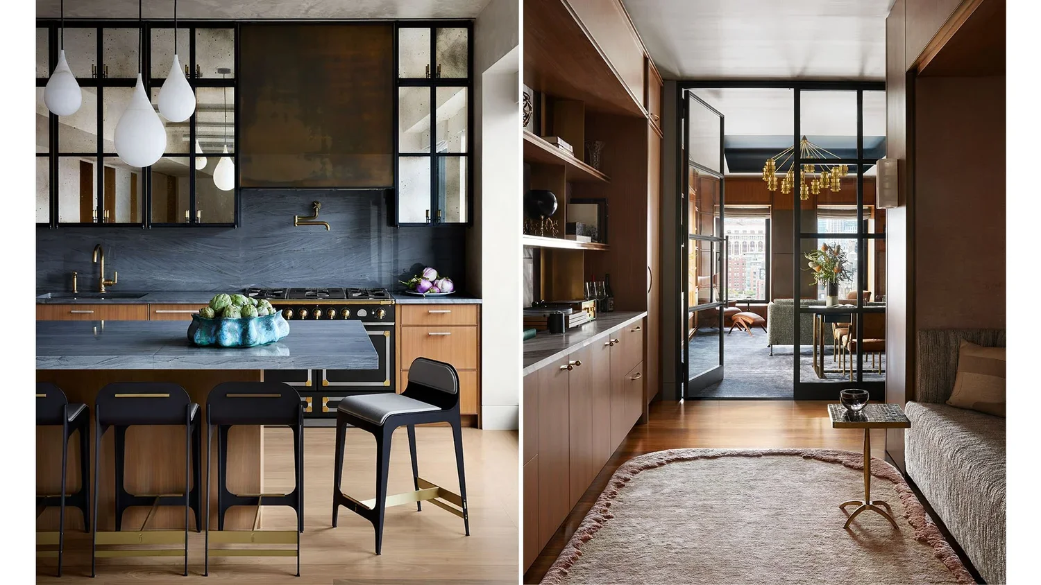 Interior view of a modern kitchen and living room in an apartment, with a kitchen island, bar chairs, dining area, and living space with furniture, rugs, and large windows.