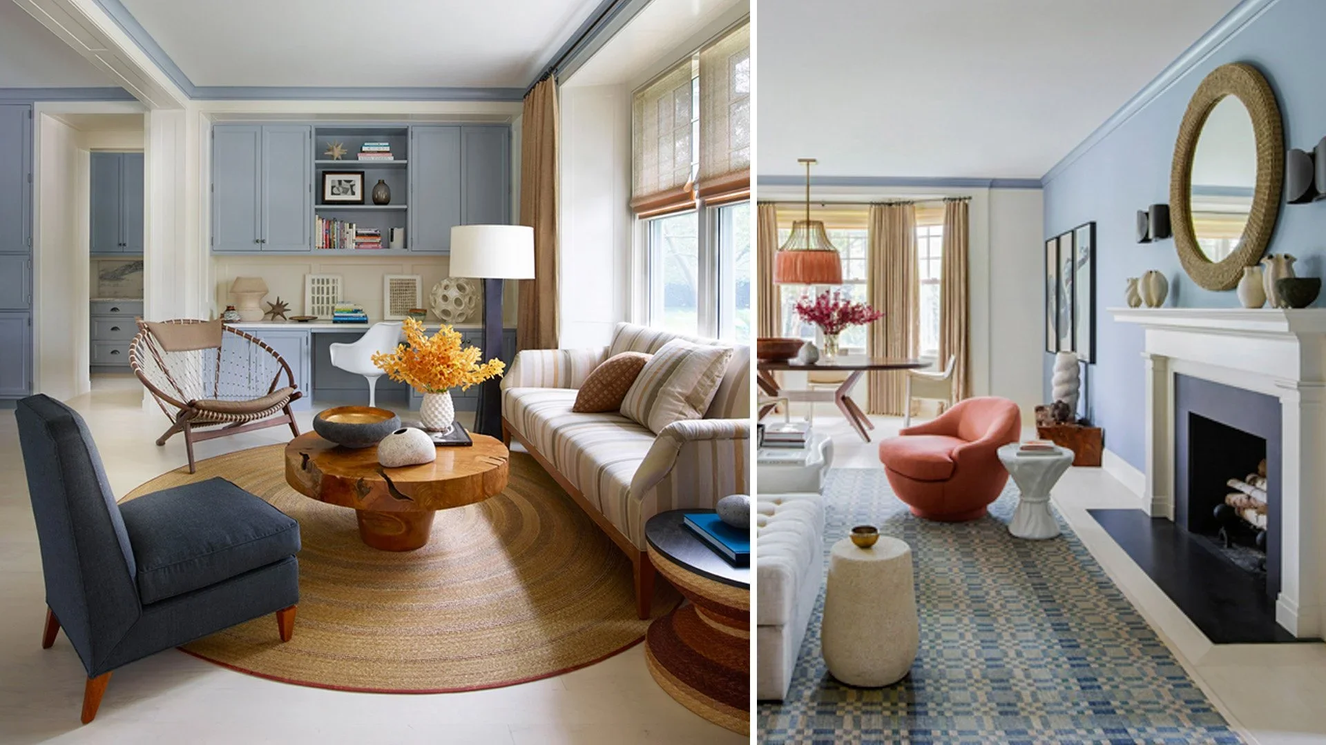 Split image showing two living rooms with pastel decor. The left room has blue cabinets, a striped sofa, a round wooden coffee table, and a large window with curtains. The right room features a fireplace, a blue wall with framed art, a pink armchair,