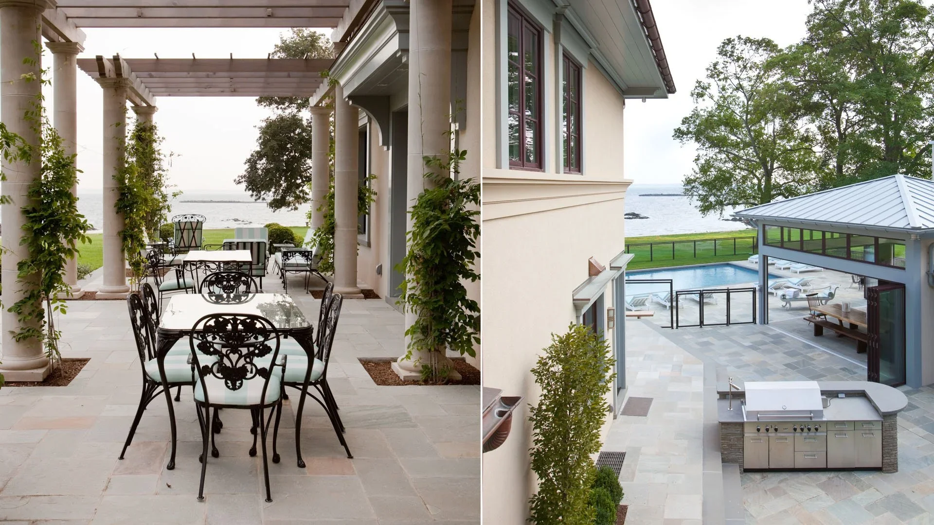 Split view of outdoor patio areas; left side shows a formal dining space with iron chairs and a rectangular table under columns and pergola, overlooking water; right side shows a casual outdoor kitchen with a grill, small sink, seating area, and a po