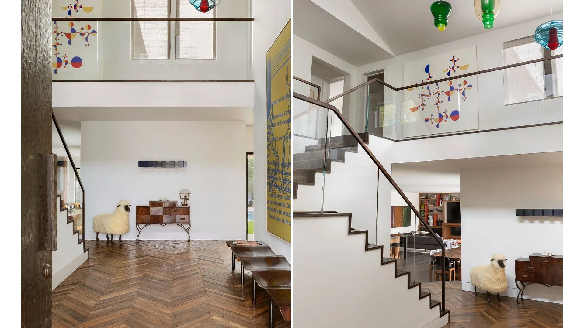 A split view of a modern interior space with a staircase, artwork, and vintage furniture. The left side shows a white wall, wooden herringbone flooring, a sheep-shaped chair, and a sideboard with a lamp. The right side shows stairs with a glass raili