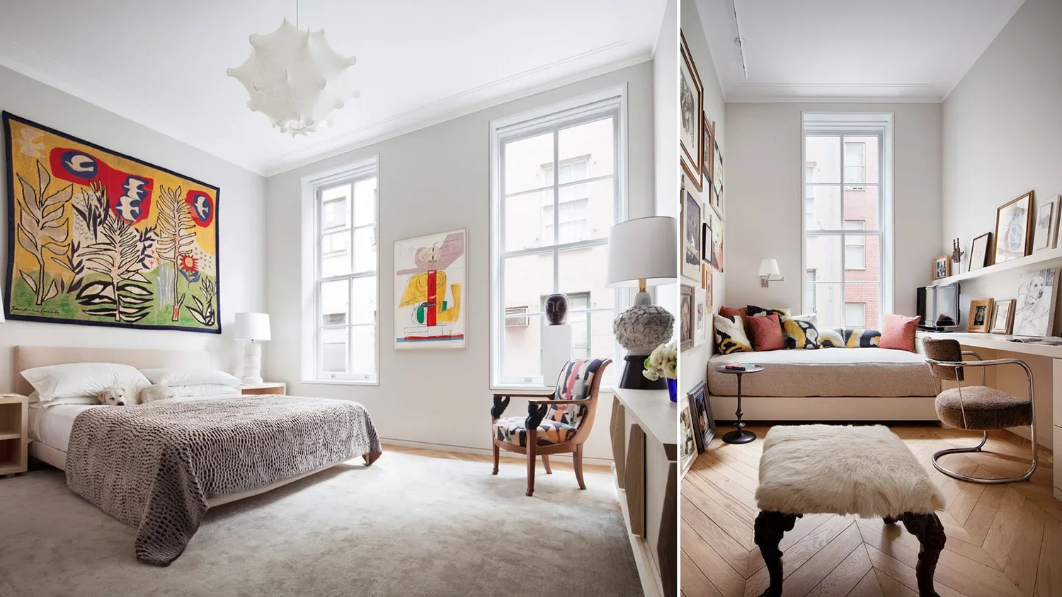 Two images of living spaces with large windows and modern decor. The left image shows a bedroom with a bed, colorful artwork on the wall, and a dog resting on the bed. The right image features a sitting area with a window seating nook, a patterned ch