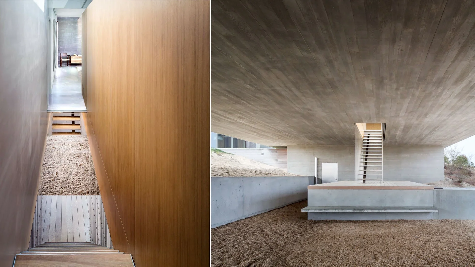 Split view of modern architectural structures: the left side shows a staircase with wooden walls and textured flooring; the right side displays an overpass with a concrete ceiling, supporting columns, an external staircase, and a sandy ground below.