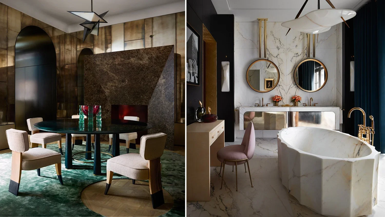 Side-by-side images of interior rooms: the left shows a dining area with a round black table, beige upholstered chairs, green and red glassware, and wood-paneled walls with mirrors; the right shows a bathroom with a marble bathtub, double sinks with 