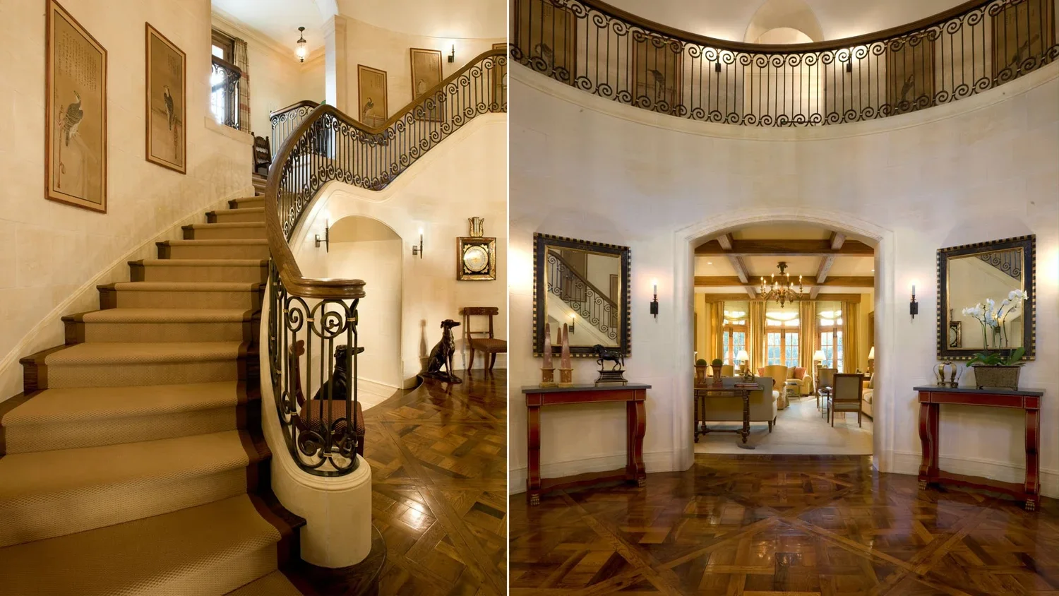 Elegant interior with a grand staircase, polished wooden floors, and classic furniture in a luxurious home.